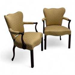 Pair of 19th century Hepplewhite style armchairs, shaped serpentine back over seat upholstered in gold damask fabric, with padded outswept arms and serpentine front rail, on moulded mahogany foreleg