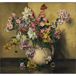 Ada Lockwood Bunce (British exh.1937-1940): Still Life Jug of Flowers, oil on canvas signed and dated 1945, labels verso 45cm x 47cm 