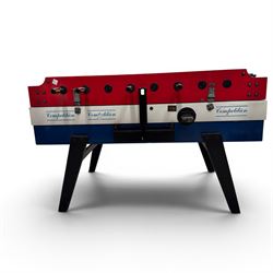 Garlando - vintage coin operated table football, tempered glass top, in red blue and white painted finish with 'Competition'  stencils, complete with ashtrays and score-trackers