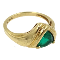 Gold green stone set ring, with diamond set shoulder, stamped 10K