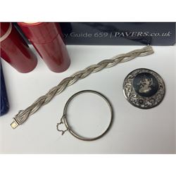 Silver jewellery, including The Elizabeth R pendant, bangle, bracelet, Siam brooch, together with a collection of beaded necklaces and other costume jewellery and coins
