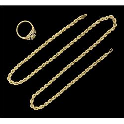 9ct gold rope twist necklace and a 9ct gold stone set cluster ring
