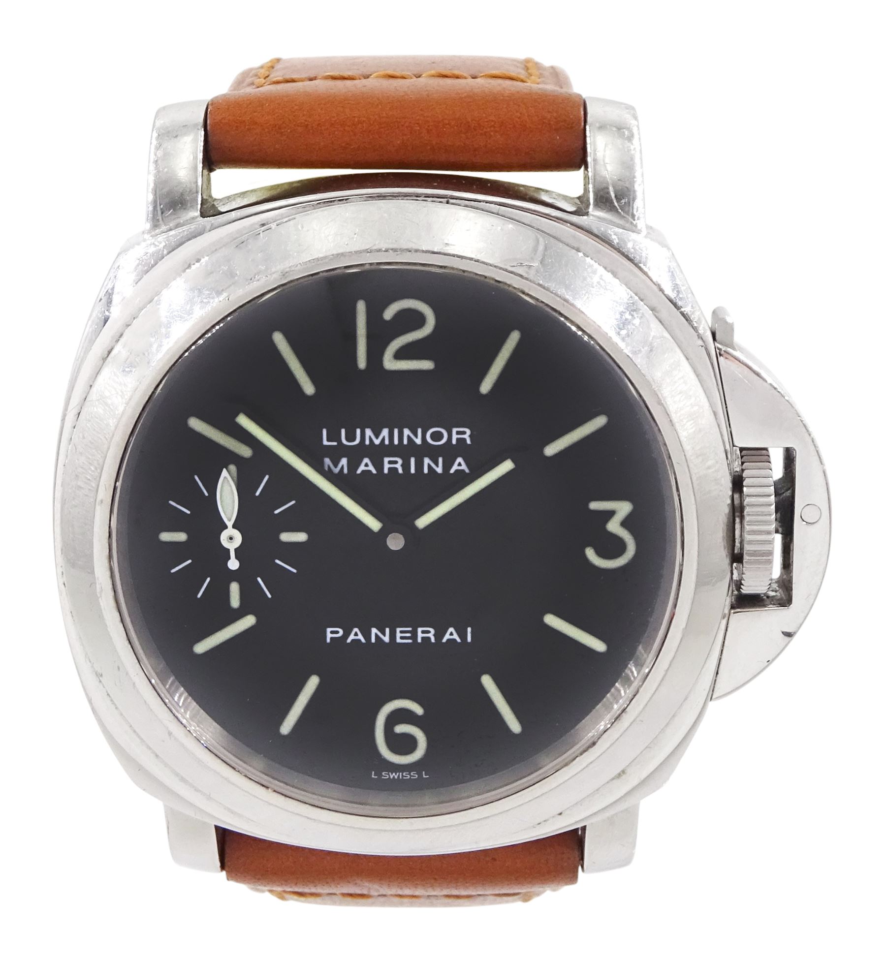 Panerai Luminor Marina gentleman's stainless steel manual wind wristwatch, Ref. OP 6518, limited edition No. 0213/3000, black dial with luminous Arabic and baton hour markers and subsidiary seconds dial at 9 o'clock, on original tan leather strap with addition brown leather strap, boxed with guarantee card dated 2000