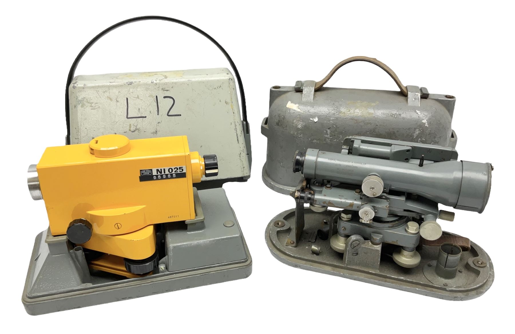 Cooke Troughton & Simms Ltd. York surveyor's level Pat.No. 242468 serial no. SO35312 with grey painted brass body L20cm; in grey metal case with domed lift-off lid; and Carl Zeiss Jena Optical Level NI 025, serial no.487011 with mustard japanned metal body in grey metal case with domed lift-off lid (2)