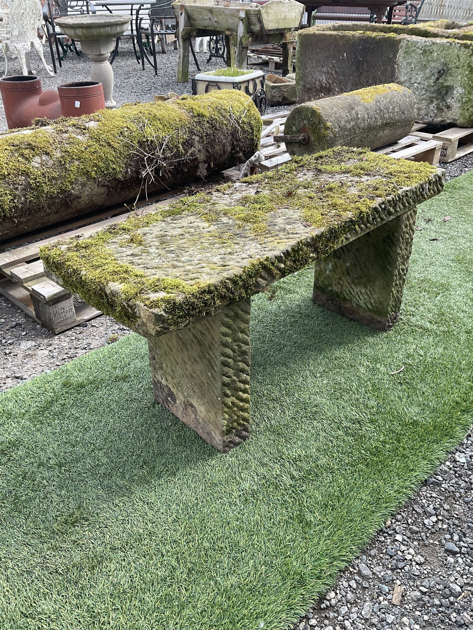 Weathered stone rectangular garden seat bench, three sections - THIS LOT IS TO BE COLLECTED BY APPOINTMENT FROM DUGGLEBY STORAGE, GREAT HILL, EASTFIELD, SCARBOROUGH, YO11 3TX