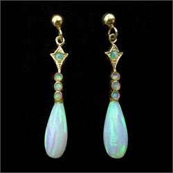 Pair of 9ct gold opal pendant stud earrings, stamped 375