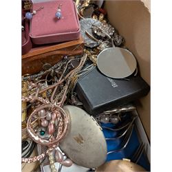 Silver earrings, including three boxed pairs, costume jewellery, compact mirrors and three jewellery boxes
