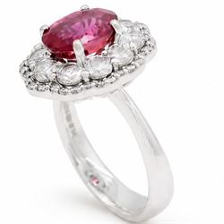 18ct white gold unheated oval ruby and round brilliant cut diamond cluster ring, hallmarked, ruby 3.07 carat, total diamond weight approx 1.65 carat, with WGI certificate