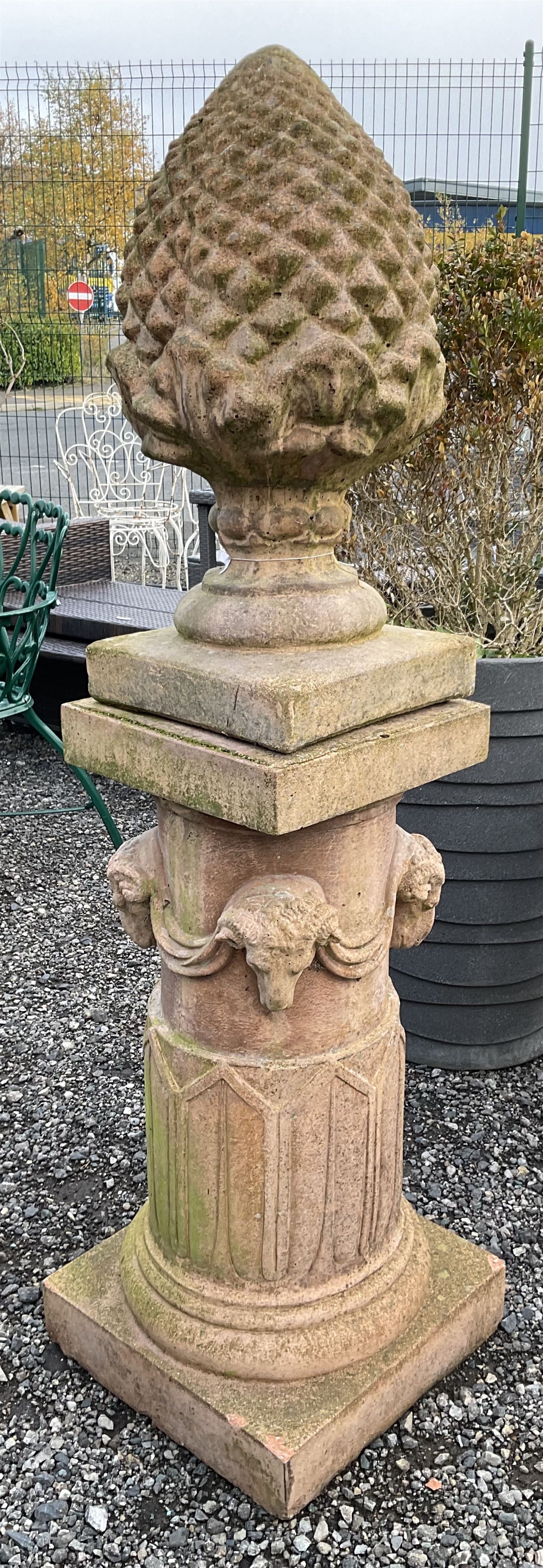 Cast stone garden pineapple finial, on column base - THIS LOT IS TO BE COLLECTED BY APPOINTMENT FROM DUGGLEBY STORAGE, GREAT HILL, EASTFIELD, SCARBOROUGH, YO11 3TX