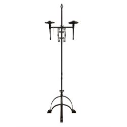  Ironwork candle holder stand, with stamped decoration, adjustable two branch sconces with scrolled iron work, twist stem with arched supports with scrolled terminals