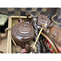 Mauchline ware trinket box and thimble holder, together with copper kettle, two large brown enamel teapots, wooden chess board, brass bell, hot water urn, and other metal ware etc, in three boxes 
