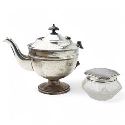 Silver circular teapot on short pedestal foot London 1932 and a glass powder bowl with silver cover Sheffield 1933