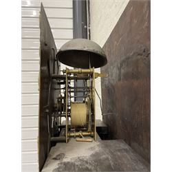 William Watson of  Blackburn (Lancs)  - late 18th century 8-day oak and mahogany cross banded longcase clock, with a flat top and open fretwork above, deep cornice with dogtooth moulding and frieze beneath, square hood door flanked by reeded pilasters with brass capitals, trunk with  reeded quarter columns, long trunk door with concave corners on a plinth with canted corners on bracket feet, brass dial with cast brass spandrels, broad silvered chapter ring with Roman numerals and five-minute Arabic's, a profusely engraved and silvered dial centre with seconds dial, matching steel hands and calendar aperture, hourly rack striking movement with a recoil anchor escapement. With weights, pendulum and key. 
William Watson of Northgate, Blackburn, is recorded as working c1770-1814 . As with this clock Watson frequently signed some of his clocks without a placename.