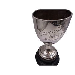 1930s silver trophy cup, of plain form, upon knopped stem and circular stepped foot, body with presentation engraving 'Cloughton and Burniston Sweet Pea Challenge Cup' with winners engraved verso, hallmarked Walker & Hall, Sheffield 1931, upon ebonised base, including base H28.7cm