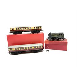 Trix Twin - three-rail Trix Express Germany two-car set No.20058 with lights in modern collector's box; and 0-4-0 Tank locomotive No.1923 in Southern lined green in plain red box (2)