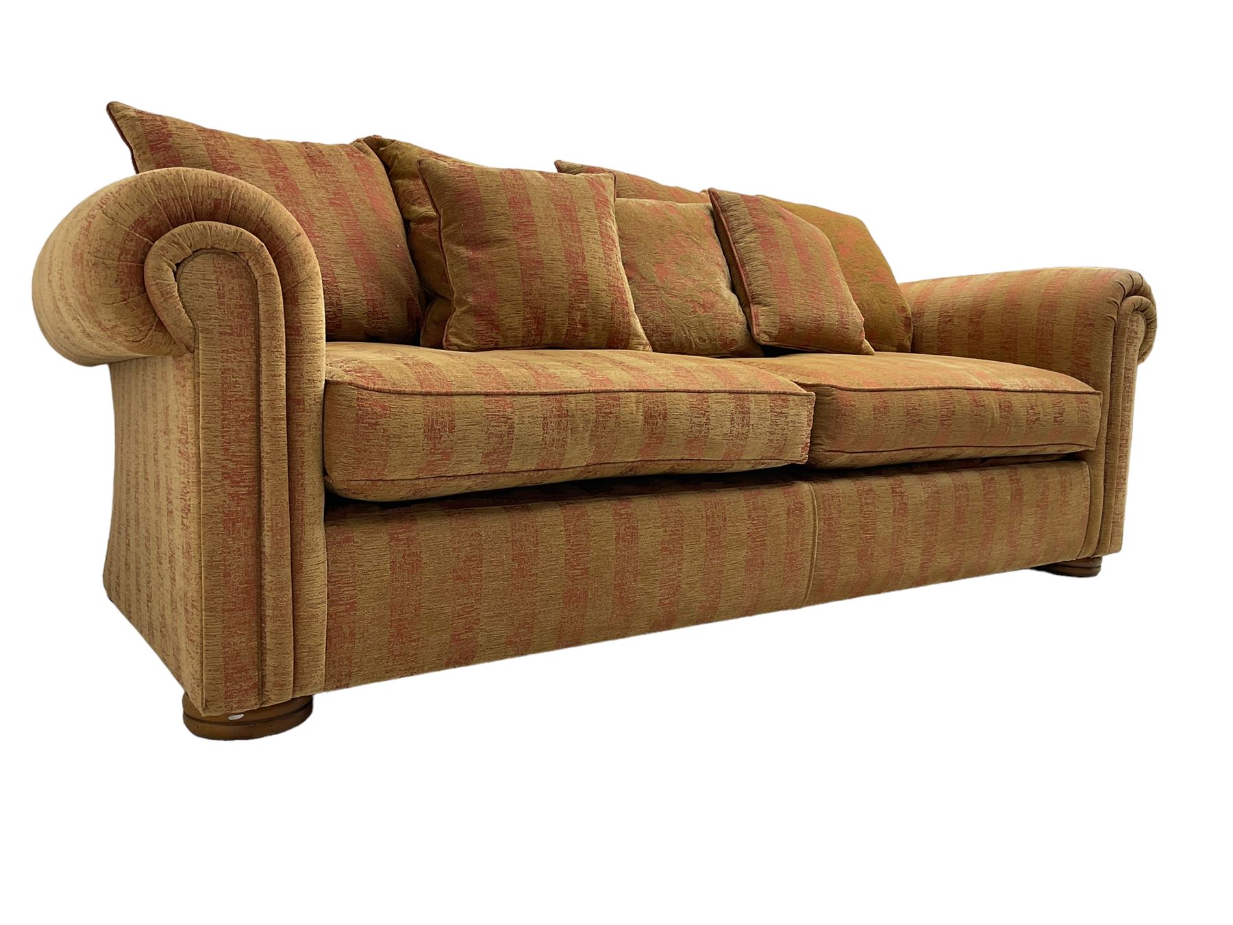 Duresta - 'Waldorf' sofa bed, traditional shape with rolled arms upholstered in red and gold striped fabric, together with scatter cushions upholstered in foliage pattern fabric