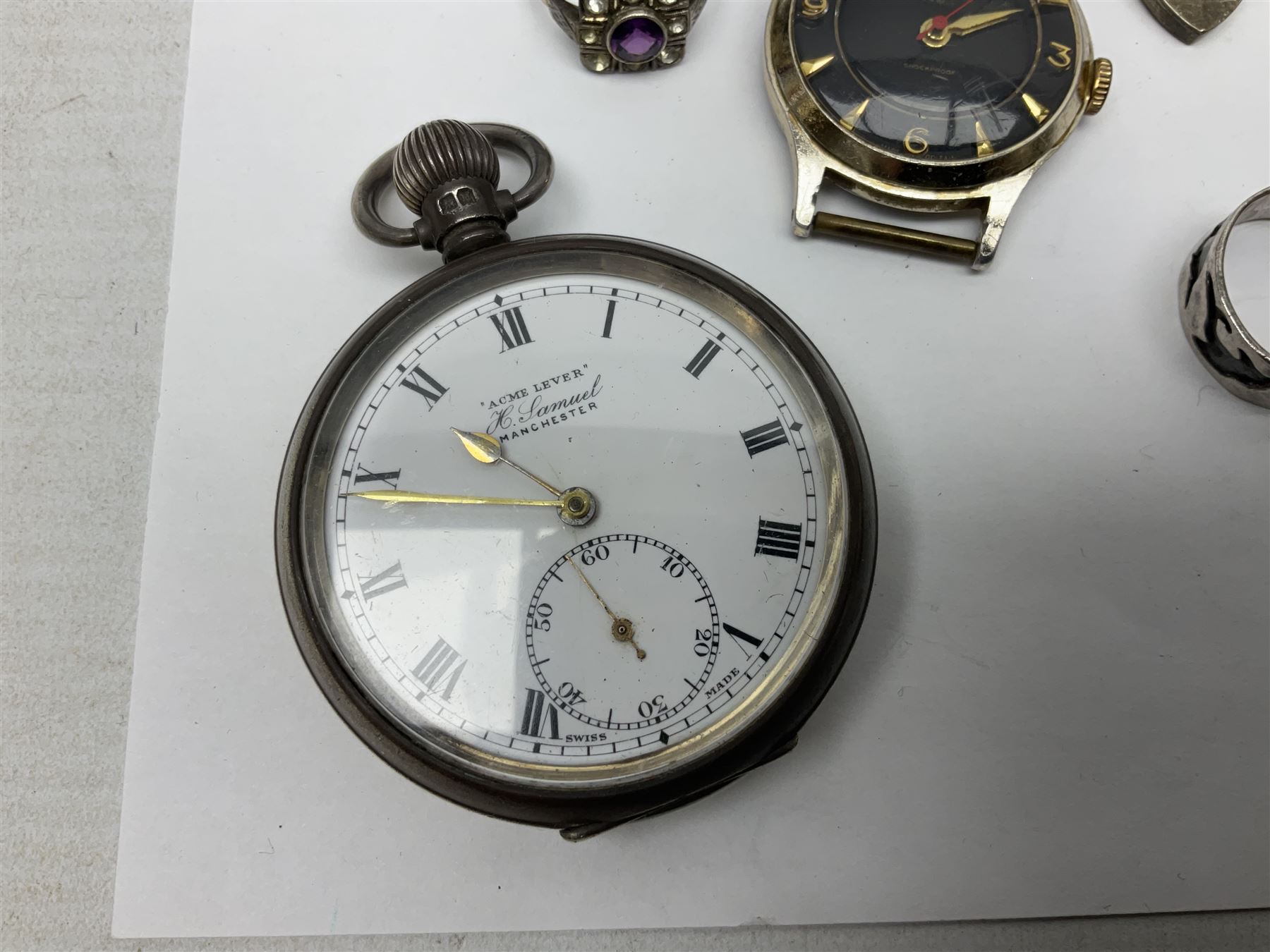 Four wristwatches including Seiko automatic, Sekonda, Timex and Ingersoll, silver Acme Lever pocket watch by H Samuel, 9ct gold keepers ring, silver and 9ct gold paste stone set cluster ring, silver and stone set silver jewellery and other vintage jewellery