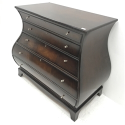 French style inlaid mahogany bombe shaped chest, five graduating drawers, shaped plinth base, W120cm, H103cm, D63cm