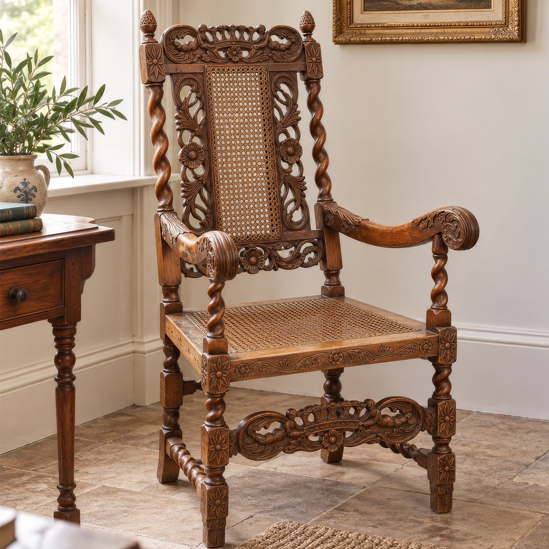 Late Victorian Jacobean Revival oak armchair, the caned back within a pierced and carved foliate frame surmounted by acorn finials, carved scroll arm supports, caned seat, on barley twist supports united by stretchers and carved front rail