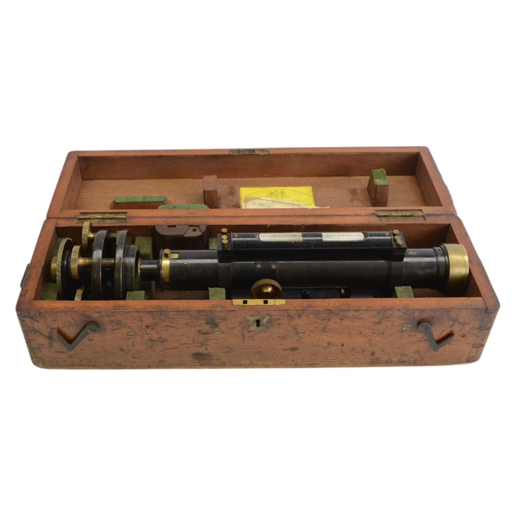 Late 19th century Surveyors level by Stanley, Gt Turnstile, Holborn, London, No.951 with lacquered oxidised brass finish in original box and with stand