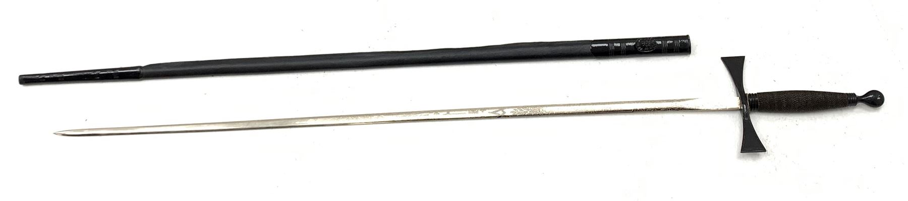 Masonic Knights Templar uniform, comprising hooded cape, ceremonial sword marked AR Fabb Bros Ltd, cap, sash, and belt.