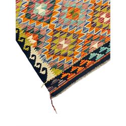 Chobi Kilim multi-coloured rug, overall geometric design enclosed by hook stripes