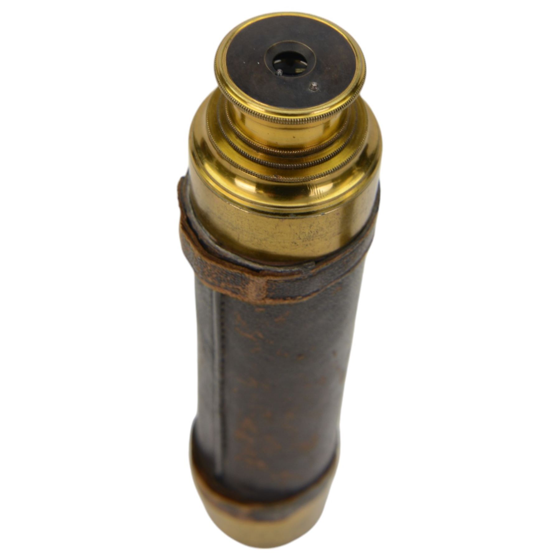 19th century brass and leather bound three draw telescope, with removable leather covers to each end, full length