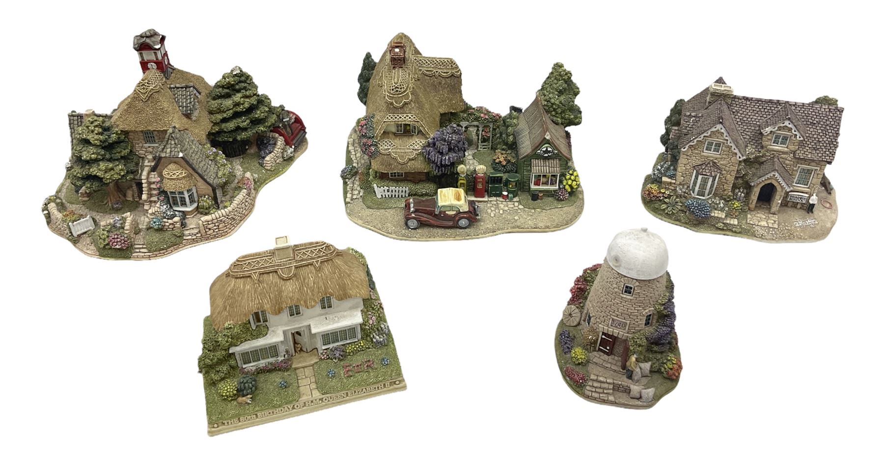 Five Lilliput lanes, comprising Burley Street Garage, Windsor Castle, Playtime, Fireman's Watch and The Old Windmill