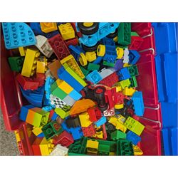 Box of loose Lego Duplo bricks, vehicles and figures