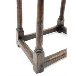 17th century and later oak joined stool, rectangular plank top on turned supports joined by stretchers