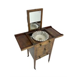 Georgian mahogany washstand cabinet, the double hinged lid opens to reveal wash basin and lift up tilting mirror, false drawer over double cupboard and drawer, on square supports with brass cups and castors
