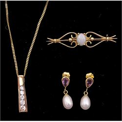 Pair of gold amethyst and pearl pendant stud earrings, gold opal bar brooch and a gold cubic zirconia pendant necklace, all 9ct