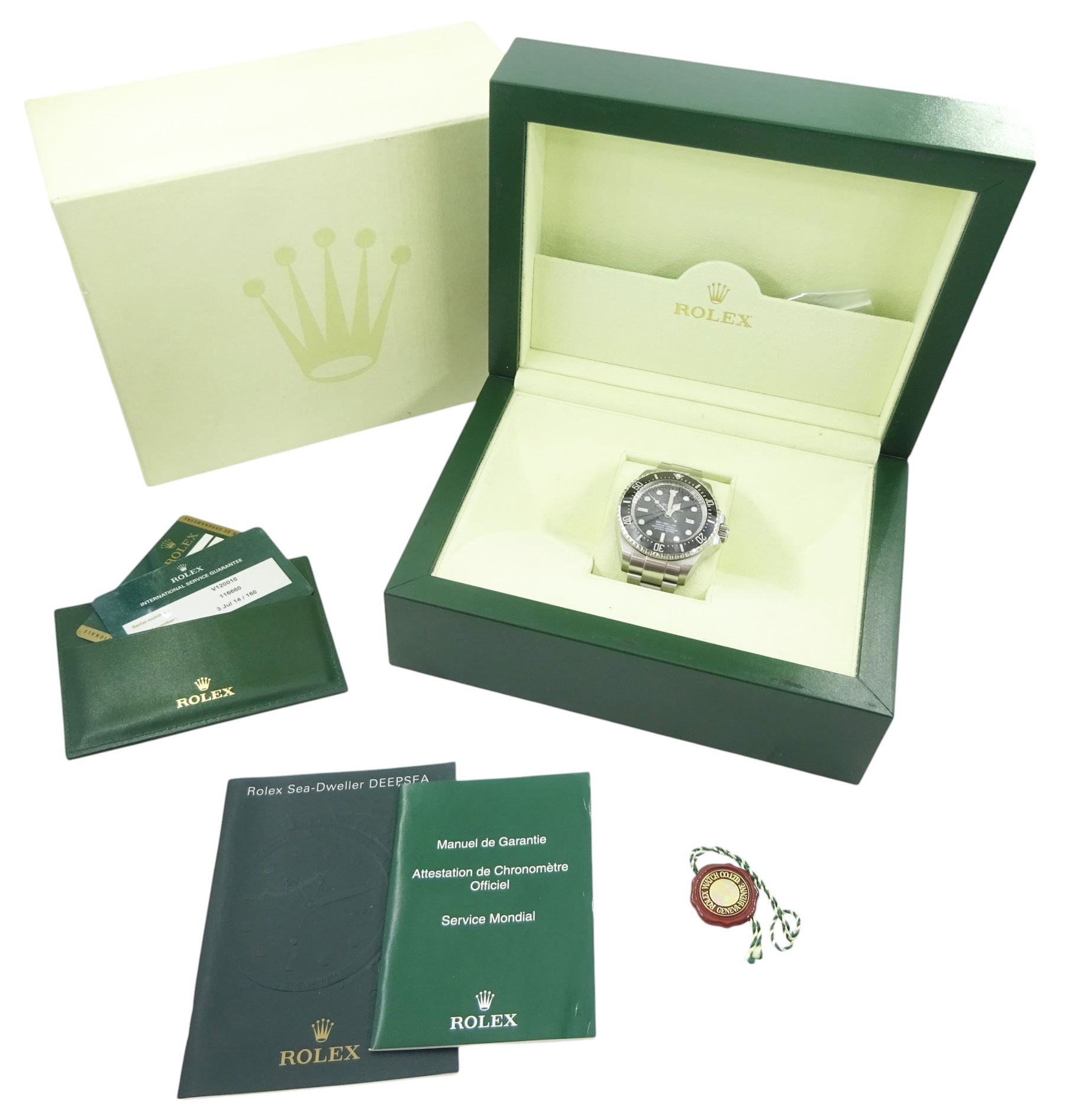 Rolex Oyster Perpetual Date Deepsea Sea-Dweller gentleman's stainless steel automatic wristwatch, circa 2008, Ref. 116660, serial No. V120010, luminous filled dot hour markers, baton quarters and white outer minute divisions, on Rolex Oyster bracelet, with fold-over clasp, boxed with papers