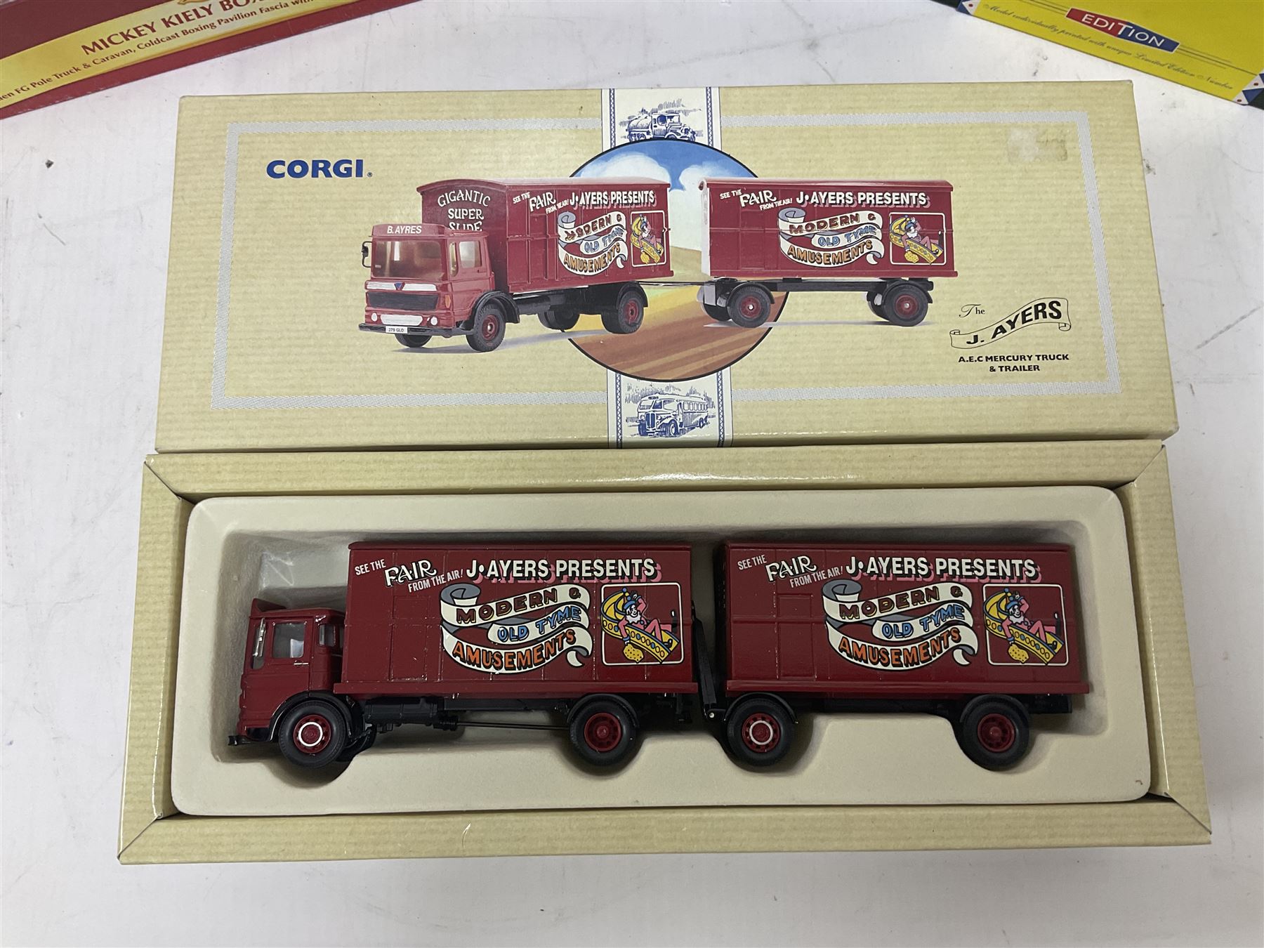 Corgi - Showman's Range 31012 Mickey Kiely Boxing Set; Premium Limited Edition The Greatest Show on Earth CC12606 Scammell Crusader Box Trailer Robert Bros.; limited edition 97893 A.E.C. Mercury Truck and Trailer J. Ayers; all boxed; together with large quantity of circus tickets, hand bills. flyers etc