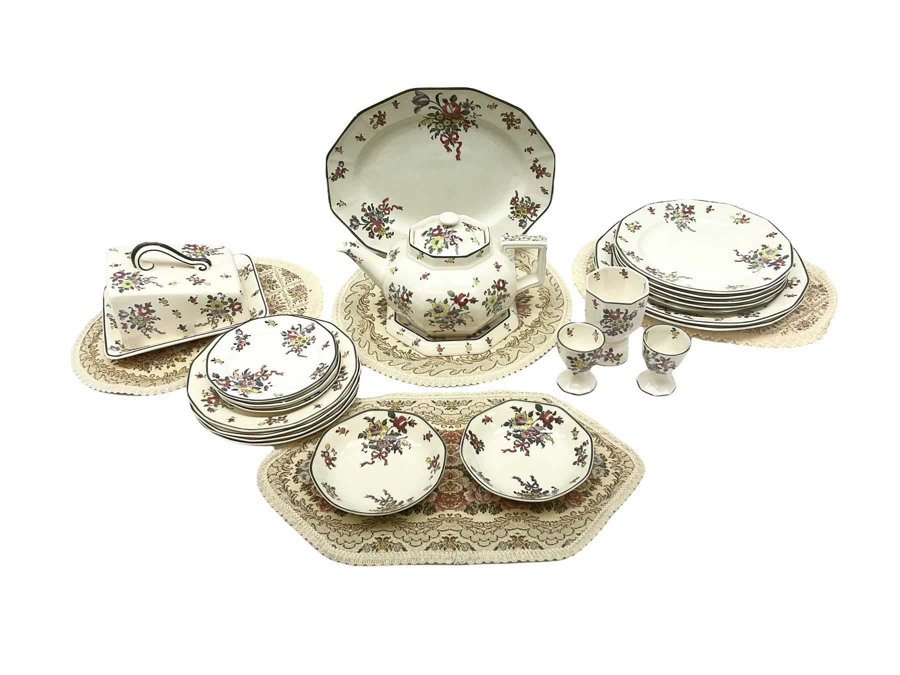 Royal Doulton part dinner service in Old Leeds Sprays pattern,  to include cheese dome, teapot and stand, egg cups etc, together with a selection of floral doilies.  