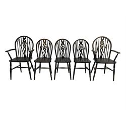 Late 20th century set five (3+2) beech Windsor armchairs, hoop back with pierced wheel splat, turned supports joined by H shaped swell turned stretchers