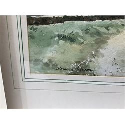 Norman Jackson (British 20th century): Sunset Lake Landscape and Flatland Landscape with Hilly Scene, pair watercolours together with a smaller by the same hand, signed max 31cm x 51cm (3)