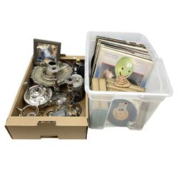 Quantity of silver plate and other metalware, to include pair of candlesticks, vinyl LPs and other misc etc in two boxes