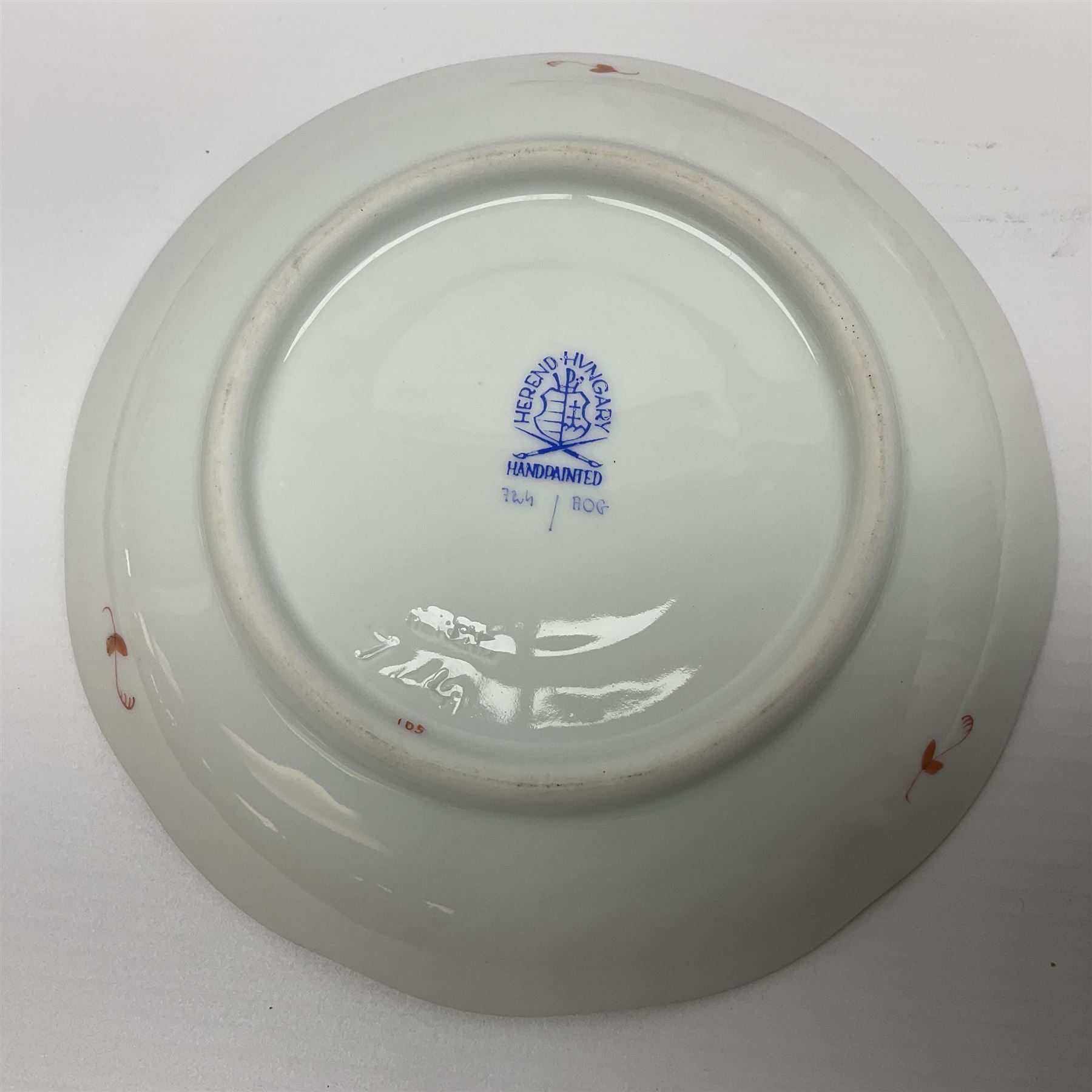 Herend Chinese Bouquet Rose pattern tea service comprising teapot, coffee pot, open sucrier, six cups and saucers, six tea plates, cream jug and stand, milk jug, two teabag holders, preserve pot, two leaf shaped dishes, four egg cups, salt & pepper pots, pair side plates and another plate