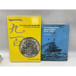 Seven Naval & Military Press medal reference books including Naval GSM 1793-1840, Africa GSM, QSA, New Zealand 1845-47 & 1860-66 with Abyssinian 1867, Hart's Annual Army List 1840 etc; together with Fevyer & Wilson: China War Medal 1900; Fevyer: DSM 1914-1920 & 1939-1946; and Ian McInnes: The Meritorious Service Medal (11)