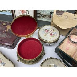 Pair of silver blue lace agate earrings, sick and hat pins and other costume jewellery, together with embroidered dressing table set, two lacquered jewellery boxes and other ceramics
