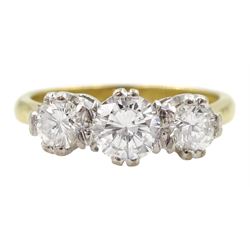 18ct gold three stone round brilliant cut diamond ring, London 1976, total diamond weight approx 1.20 carat