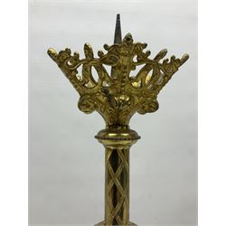 Pair of gilt metal pricket candlesticks, with applied decoration on knopt stems and triform bases, H47cm