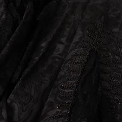 Victorian opera coat, black silk, lace and bead work, together with ermine muff, collar and tippet, opera glasses, long gloves and bags 