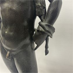 Bronzed classical nude male figure, upon a stepped circular base, H61cm 