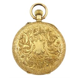 18ct gold open face ladies keyless cylinder pocket watch, gilt dial with Roman numerals, engine turned and engraved back case with cartouche, stamped 18K