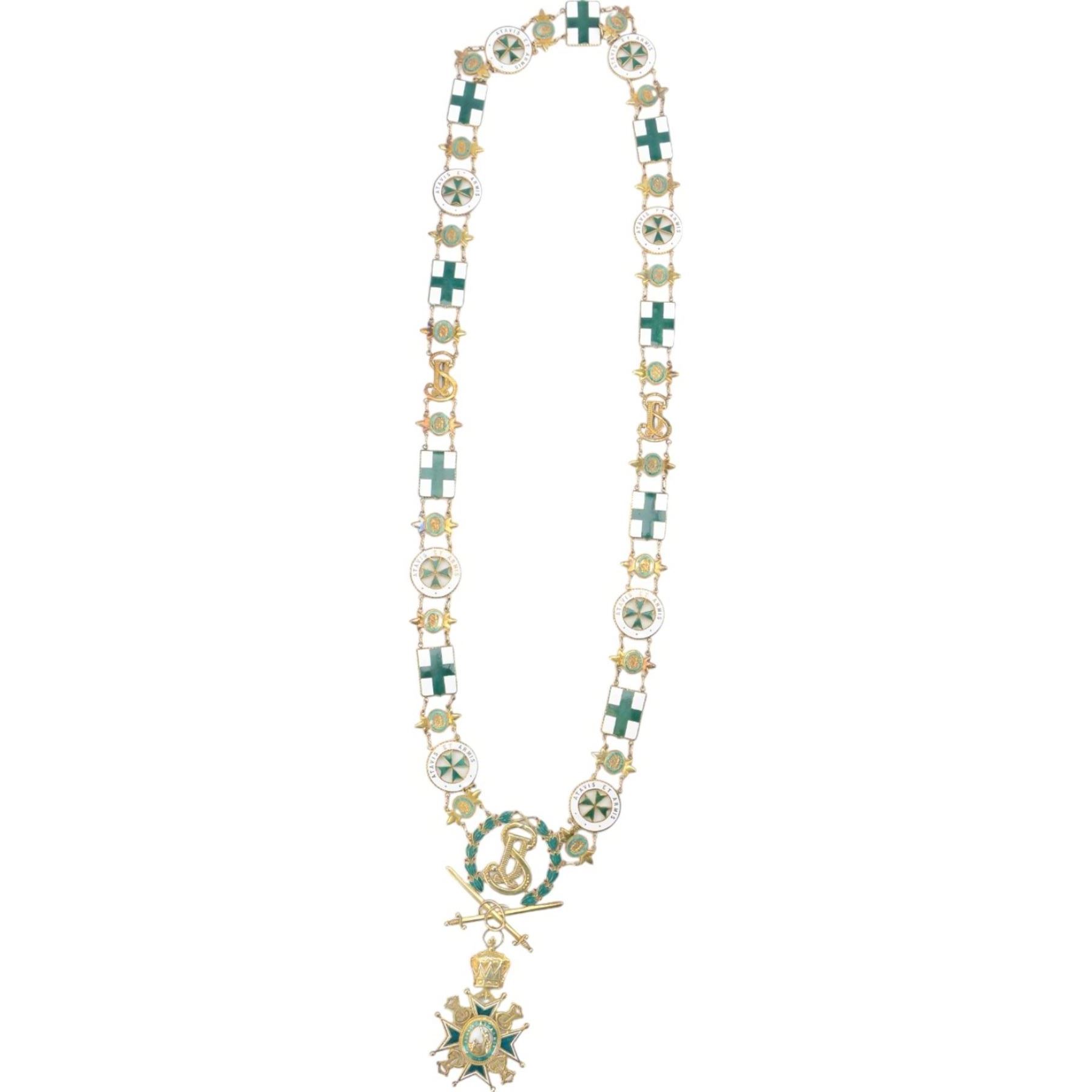 Military and Hospitaller Order of St. Lazarus of Jerusalem, Knight of Grace silver gilt and enamel chain of order, the chain made up of silver enamelled flags, disks and panels, with a green and white enamelled insignia of the order suspended below, in case 