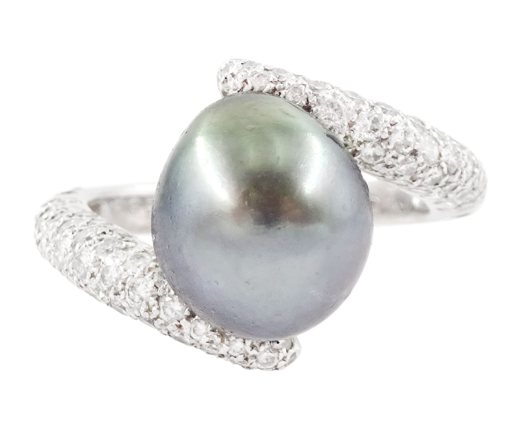 Chanel 18ct white gold pearl and diamond crossover ring, single cultured grey pearl, with pave set round brilliant cut diamond shoulders, hallmarked