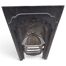 Three cast iron fireplace fittings, comprising a Regency-style fire grate with sunburst crest, urn finials, bowed basket and scroll supports (W58cm H63cm); Victorian fender with pierced acanthus frieze and foliate base (W64cm H20cm); Gothic Revival fireplace with fleur-de-lis crest, arched surround and integral fire basket (W41cm H87cm)