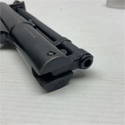 Webley Senior .22 cal. air pistol with top lever action, serial no.273; in original box with label under lid; together with two tins of pellets NB: AGE RESTRICTIONS APPLY TO THE PURCHASE OF AIR WEAPONS.